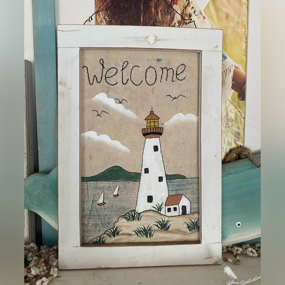 Coastal art. Embroidered lighthouse art. Very rare piece